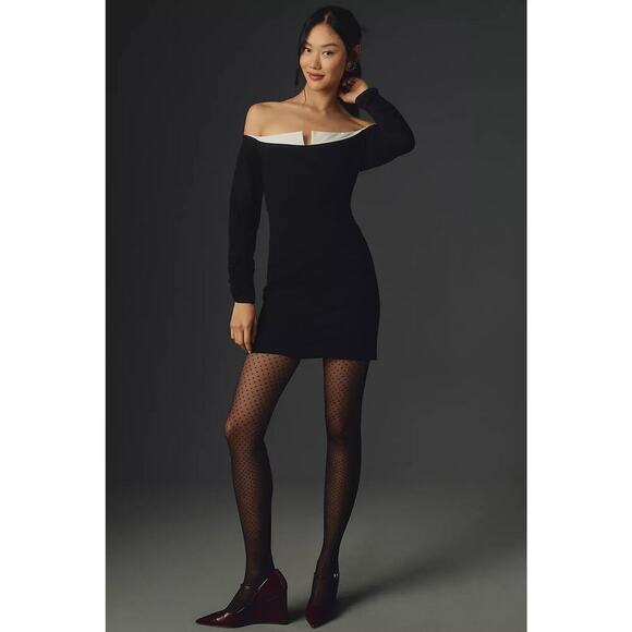 Maeve by Anthropologie Off-the-Shoulder Twofer Black Mini Dress |Size Small| NWT - Picture 1 of 15